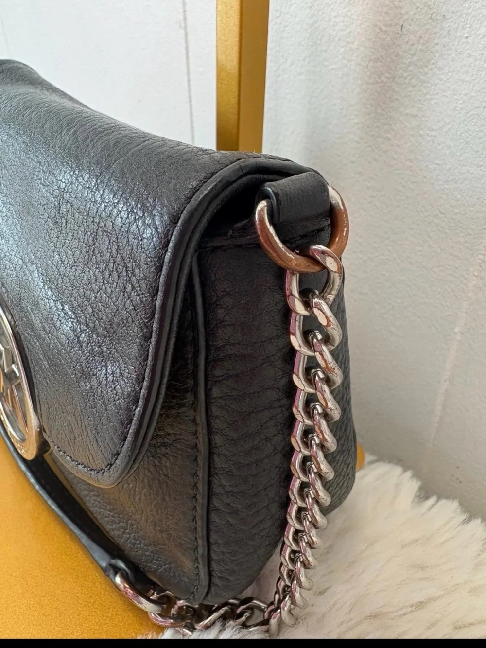 Michael Kors Black Leather Crossbody with Pink MK Logo Accent